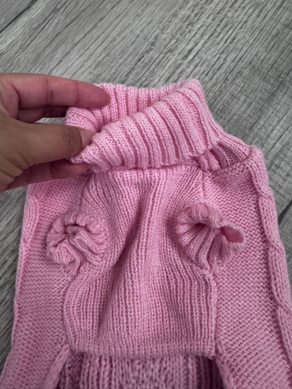 Pink Cable Knit Dog Sweater Dress with Leopard Print Ruffle & Bow Pet Clothes. - Picture 6 of 7